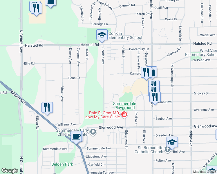 map of restaurants, bars, coffee shops, grocery stores, and more near 3011 Searles Avenue in Rockford
