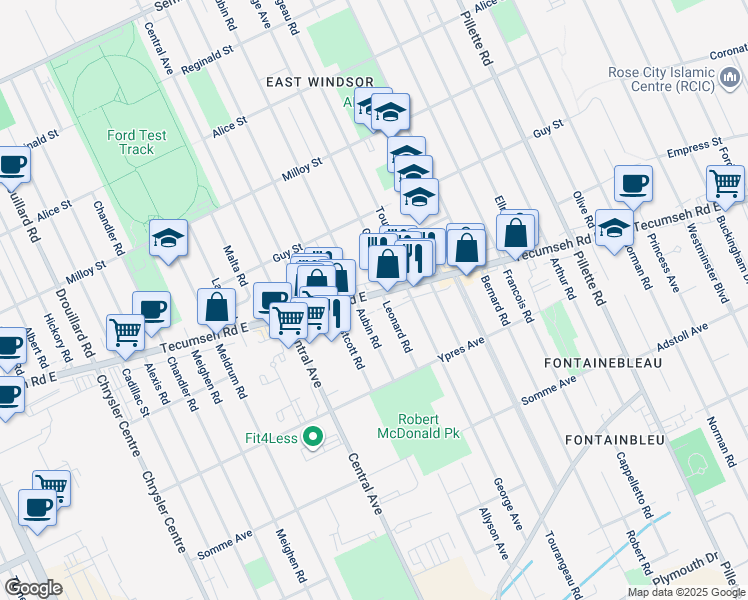 map of restaurants, bars, coffee shops, grocery stores, and more near 3935 Tecumseh Road East in Windsor
