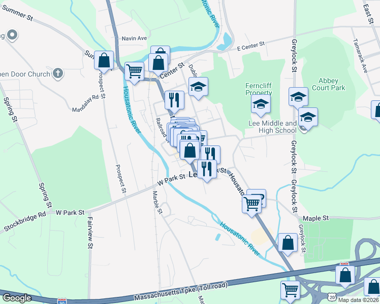 map of restaurants, bars, coffee shops, grocery stores, and more near 78 Main Street in Lee