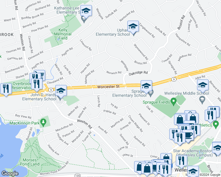 map of restaurants, bars, coffee shops, grocery stores, and more near 21 Pinewood Road in Wellesley