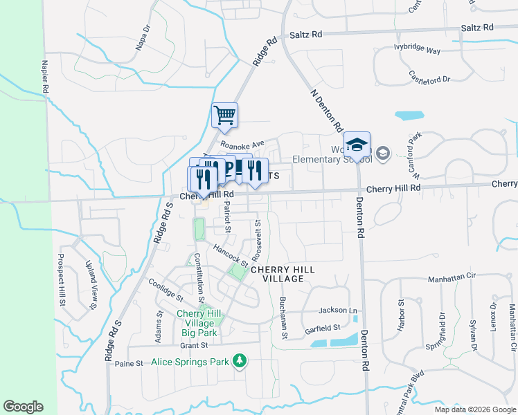 map of restaurants, bars, coffee shops, grocery stores, and more near 50042 Cherry Hill Road in Canton