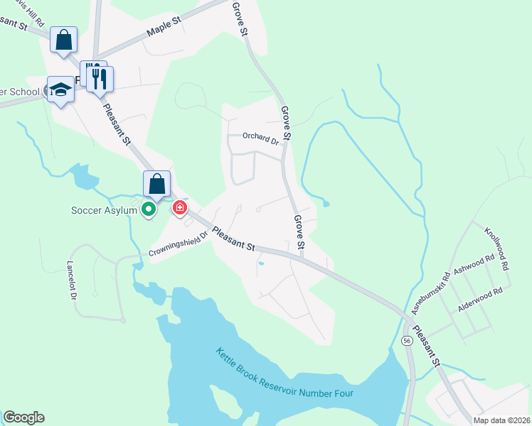 map of restaurants, bars, coffee shops, grocery stores, and more near 6 Elizabeth Lane in Paxton