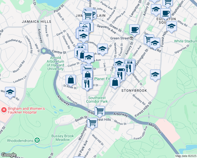 map of restaurants, bars, coffee shops, grocery stores, and more near 38 Boynton Street in Jamaica Plain