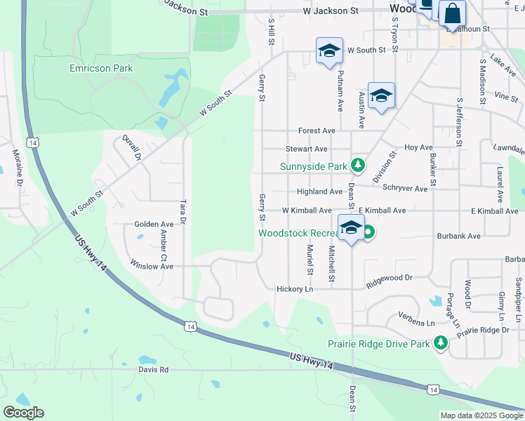 map of restaurants, bars, coffee shops, grocery stores, and more near Gerry Street in Woodstock