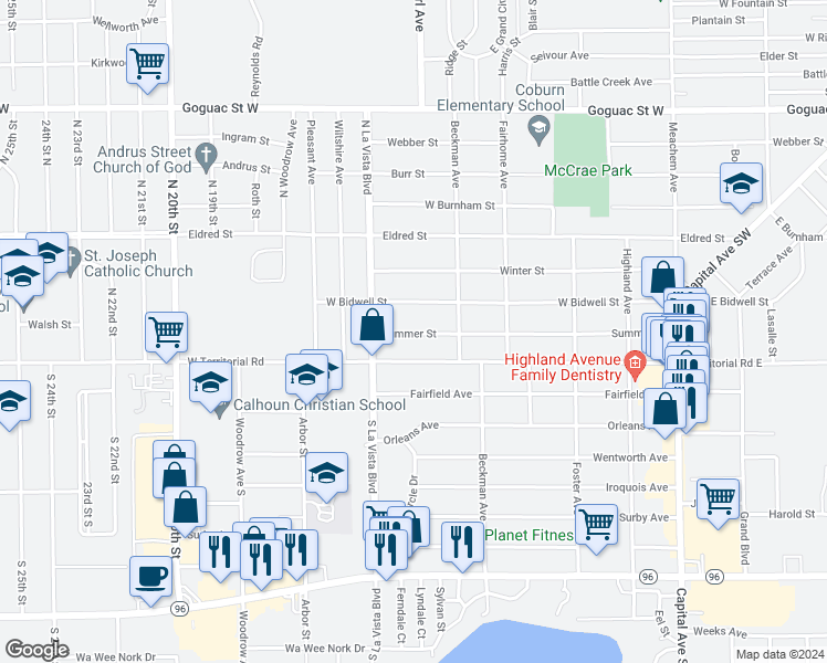 map of restaurants, bars, coffee shops, grocery stores, and more near 224 Summer Street in Battle Creek