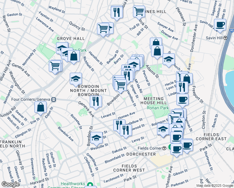 map of restaurants, bars, coffee shops, grocery stores, and more near in Boston