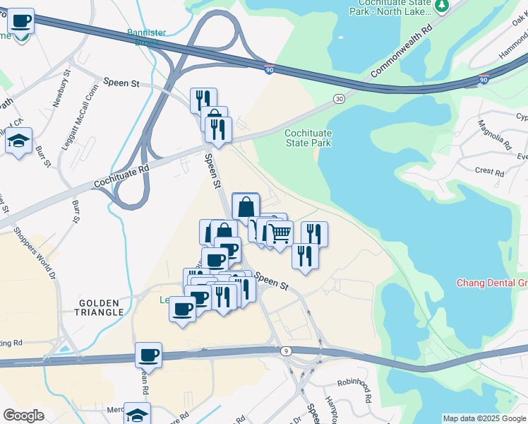 map of restaurants, bars, coffee shops, grocery stores, and more near 1 Chrysler Road in Natick