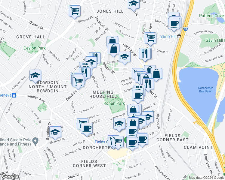 map of restaurants, bars, coffee shops, grocery stores, and more near 20 Juliette Street in Boston