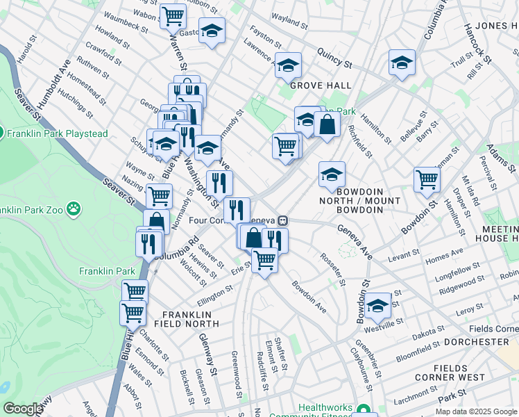 map of restaurants, bars, coffee shops, grocery stores, and more near 150 Columbia Road in Boston