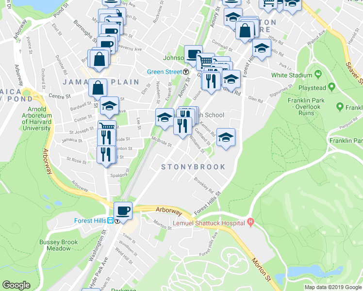 map of restaurants, bars, coffee shops, grocery stores, and more near 3502 Washington Street in Boston