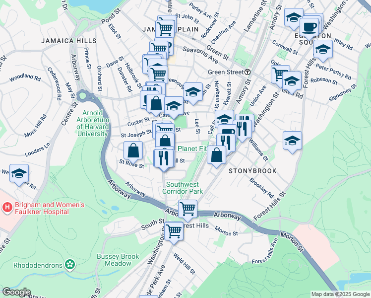 map of restaurants, bars, coffee shops, grocery stores, and more near 47 McBride Street in Boston