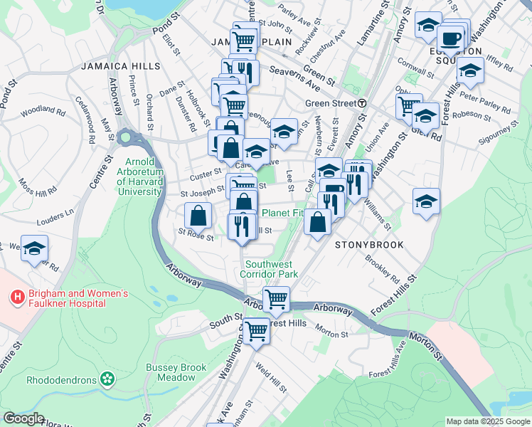 map of restaurants, bars, coffee shops, grocery stores, and more near 47 McBride Street in Boston