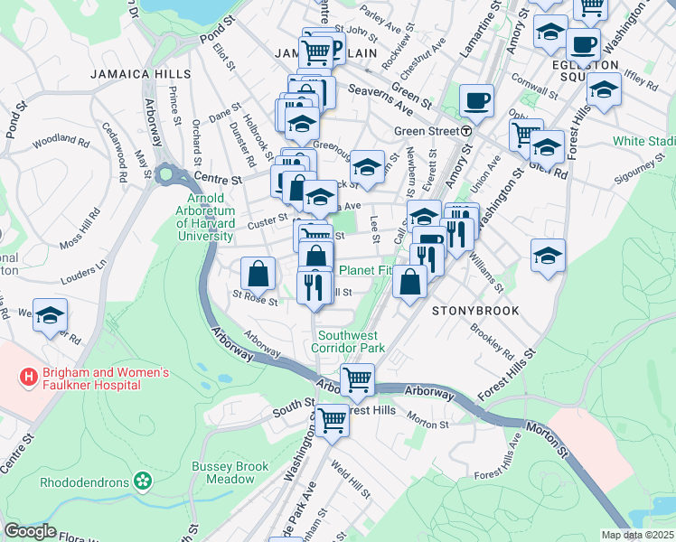 map of restaurants, bars, coffee shops, grocery stores, and more near 47 McBride Street in Boston