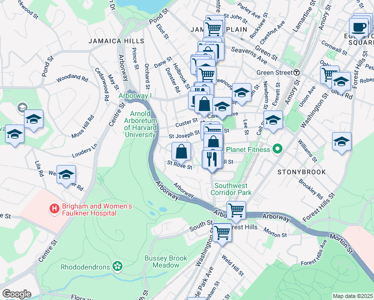 map of restaurants, bars, coffee shops, grocery stores, and more near 104 Jamaica Street in Boston