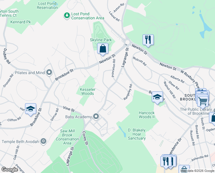 map of restaurants, bars, coffee shops, grocery stores, and more near 145 Lagrange Street in Brookline
