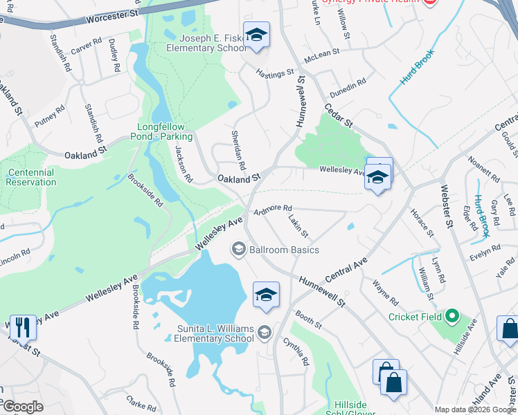 map of restaurants, bars, coffee shops, grocery stores, and more near 30 Comeau Street in Wellesley