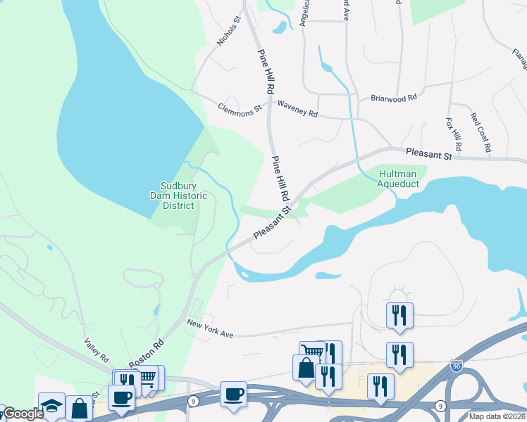 map of restaurants, bars, coffee shops, grocery stores, and more near 2 Pine Hill Road in Framingham
