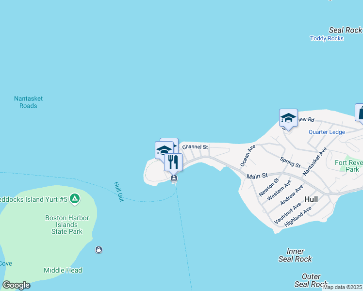 map of restaurants, bars, coffee shops, grocery stores, and more near 44 Channel Street in Hull
