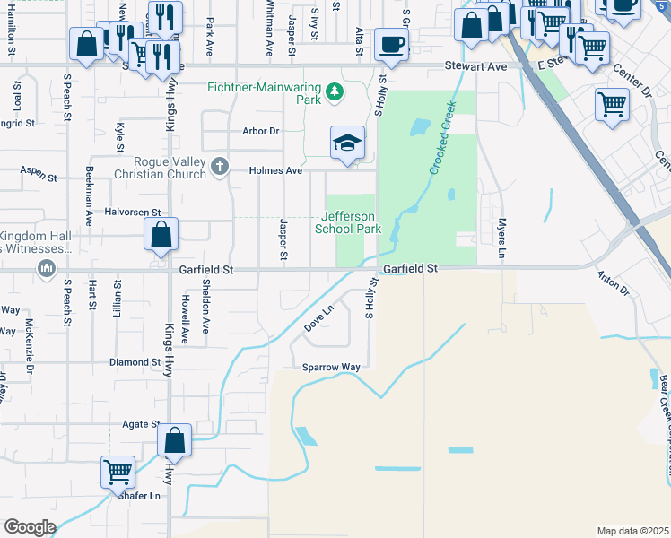 map of restaurants, bars, coffee shops, grocery stores, and more near Garfield Street in Medford