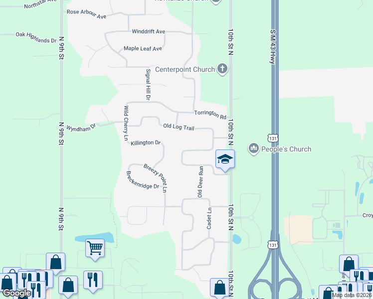 map of restaurants, bars, coffee shops, grocery stores, and more near 6170 Thunder Bluff Road in Kalamazoo