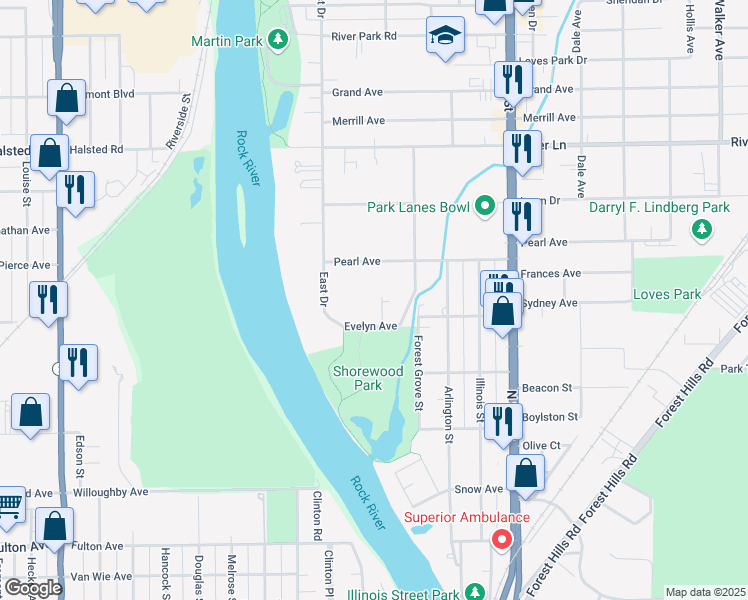 map of restaurants, bars, coffee shops, grocery stores, and more near 246 Evelyn Avenue in Loves Park