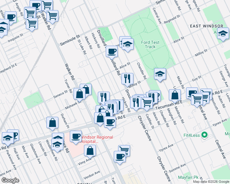 map of restaurants, bars, coffee shops, grocery stores, and more near in Windsor