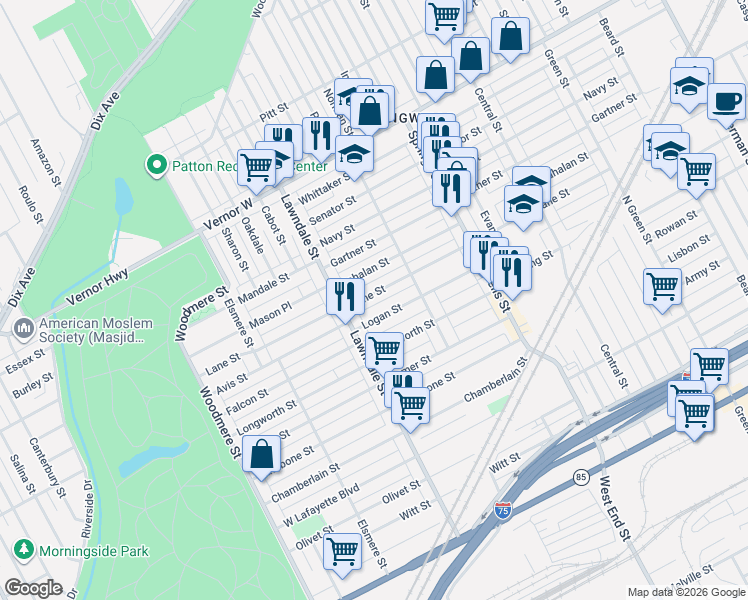 map of restaurants, bars, coffee shops, grocery stores, and more near 8390 Lane Street in Detroit
