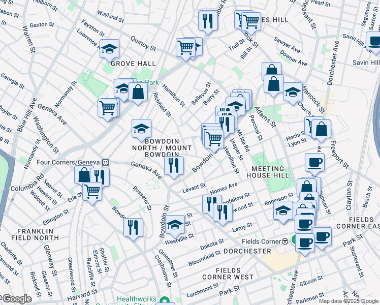 map of restaurants, bars, coffee shops, grocery stores, and more near 25 Olney Street in Boston