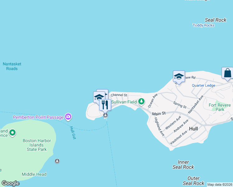 map of restaurants, bars, coffee shops, grocery stores, and more near 36 Channel Street in Hull