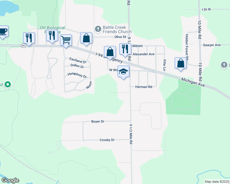 map of restaurants, bars, coffee shops, grocery stores, and more near 150 North Wattles Road in Battle Creek