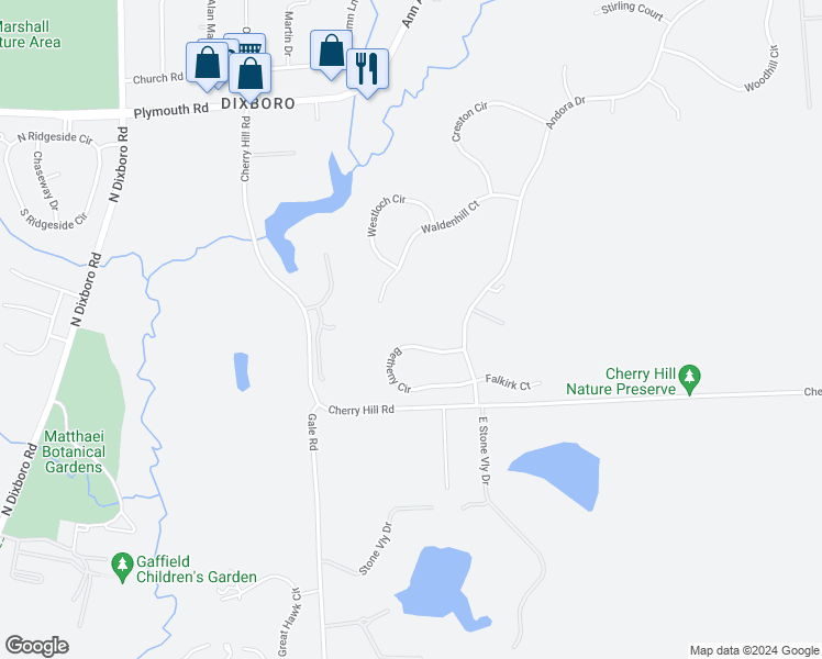 map of restaurants, bars, coffee shops, grocery stores, and more near 5307 Betheny Circle in Superior Charter Township