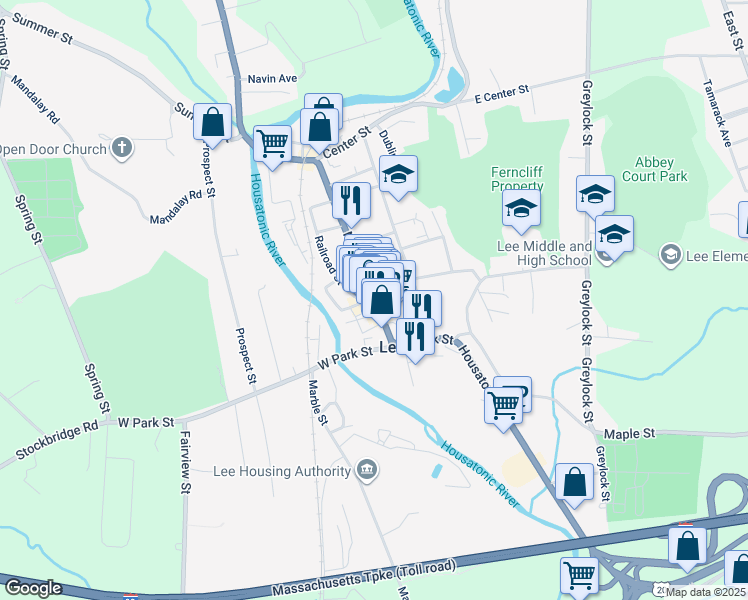 map of restaurants, bars, coffee shops, grocery stores, and more near 78 Main Street in Lee