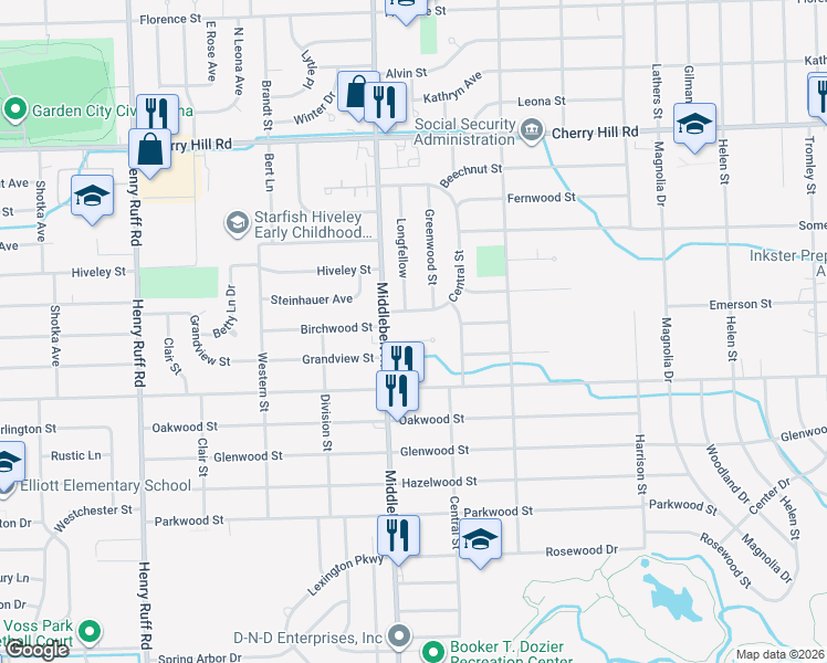 map of restaurants, bars, coffee shops, grocery stores, and more near 29211 Emerson Street in Inkster
