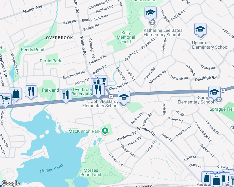map of restaurants, bars, coffee shops, grocery stores, and more near 19 Cleveland Road in Wellesley