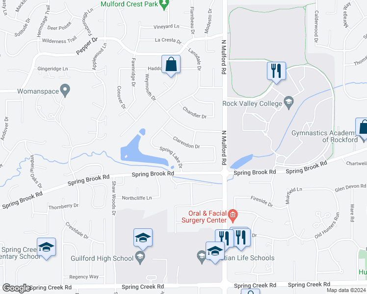 map of restaurants, bars, coffee shops, grocery stores, and more near 5823 Clarendon Drive in Rockford