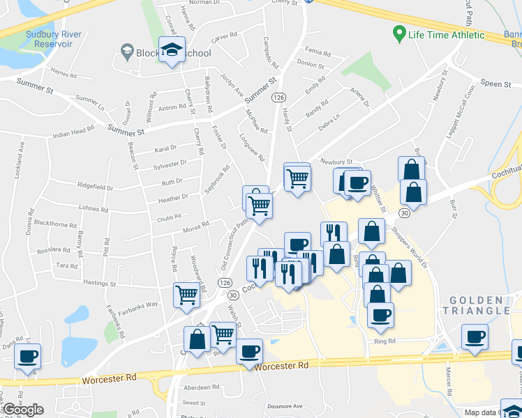 map of restaurants, bars, coffee shops, grocery stores, and more near 992 Concord Street in Framingham
