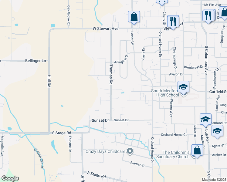 map of restaurants, bars, coffee shops, grocery stores, and more near 1629 Thomas Road in Medford