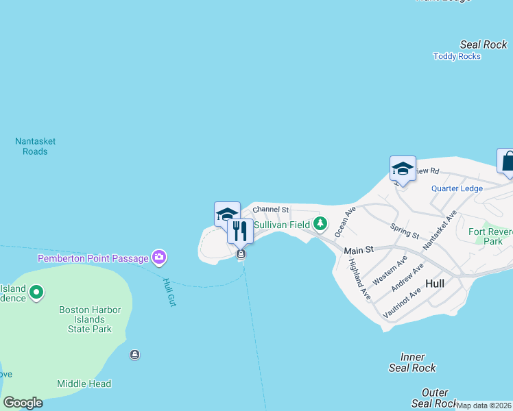 map of restaurants, bars, coffee shops, grocery stores, and more near 36 Channel Street in Hull