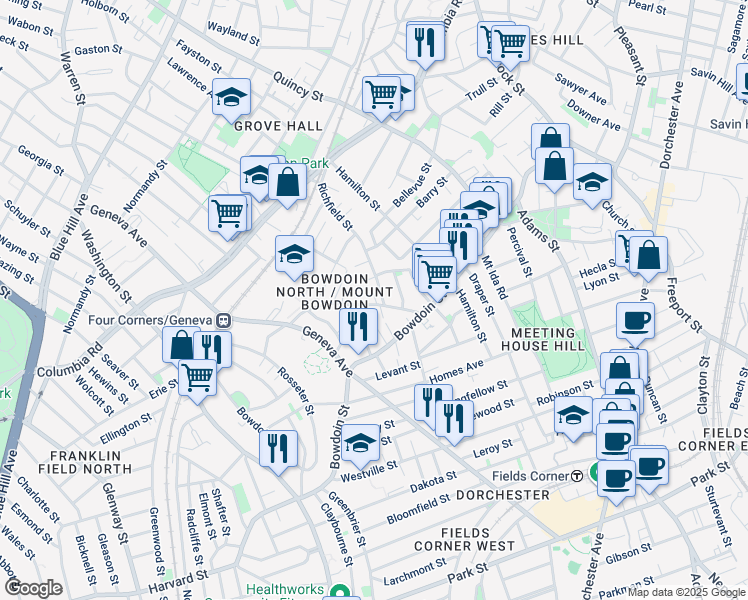 map of restaurants, bars, coffee shops, grocery stores, and more near 66 Richfield Street in Boston
