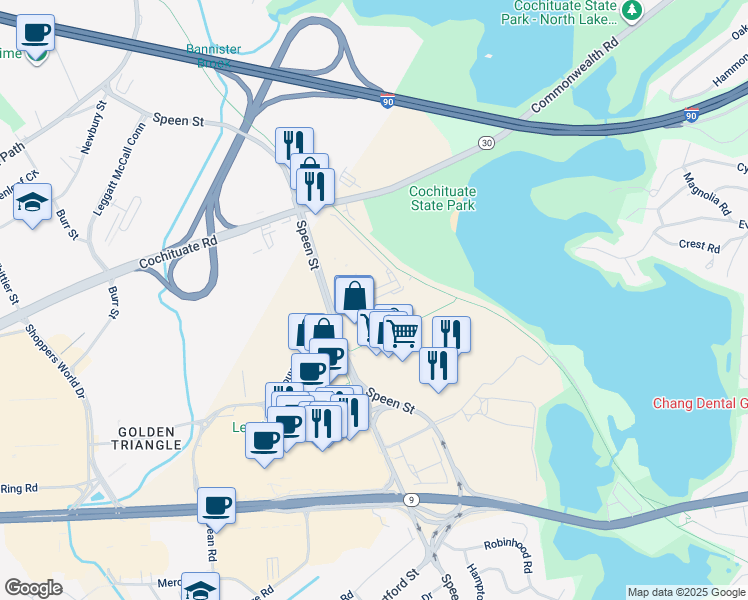 map of restaurants, bars, coffee shops, grocery stores, and more near 339 Speen Street in Natick