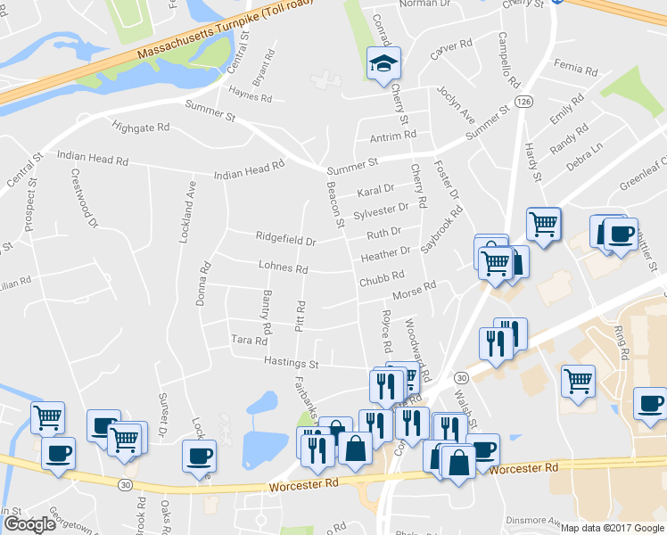 map of restaurants, bars, coffee shops, grocery stores, and more near 27 Lohnes Road in Framingham