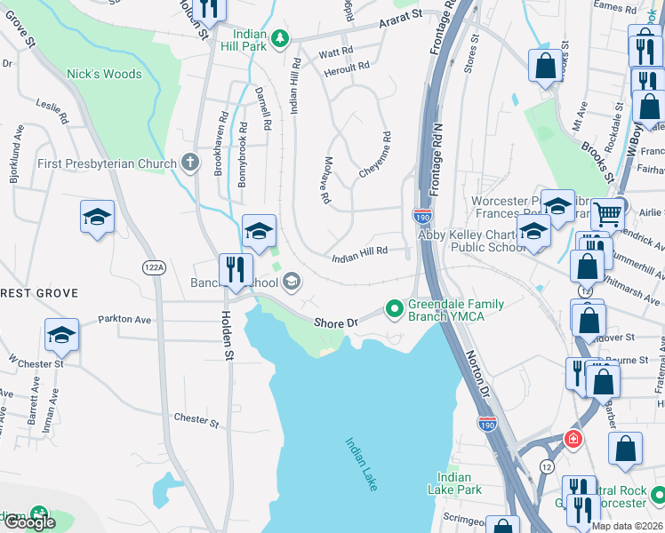 map of restaurants, bars, coffee shops, grocery stores, and more near 44 Indian Hill Road in Worcester