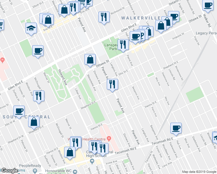 map of restaurants, bars, coffee shops, grocery stores, and more near 1425 Parent Avenue in Windsor