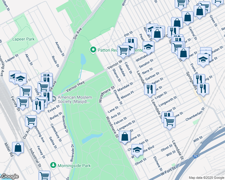map of restaurants, bars, coffee shops, grocery stores, and more near 1922 Elsmere Street in Detroit