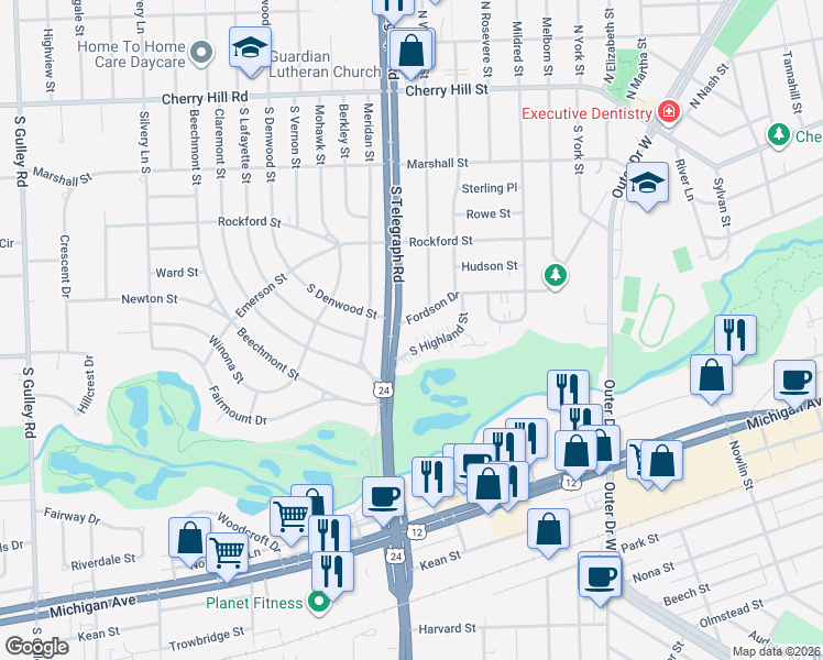 map of restaurants, bars, coffee shops, grocery stores, and more near 23933 Fordson Drive in Dearborn
