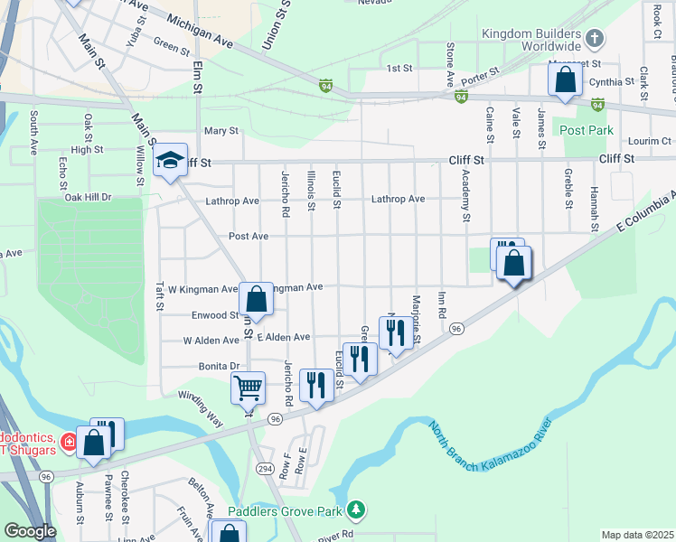 map of restaurants, bars, coffee shops, grocery stores, and more near 102 Euclid Street in Battle Creek