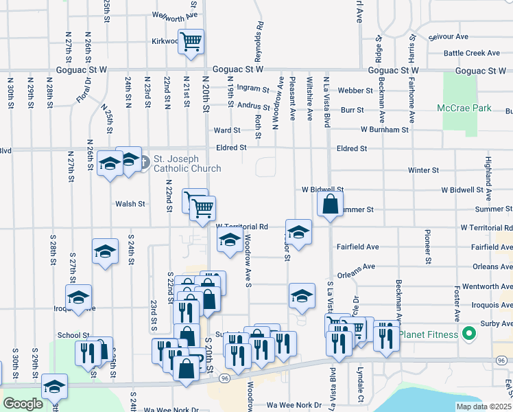 map of restaurants, bars, coffee shops, grocery stores, and more near 145 Cameron Drive in Battle Creek