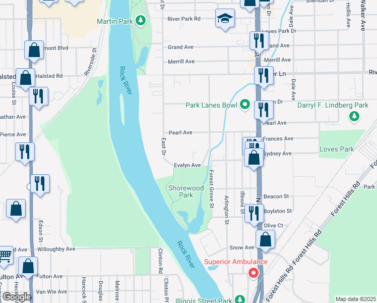 map of restaurants, bars, coffee shops, grocery stores, and more near 246 Evelyn Avenue in Loves Park