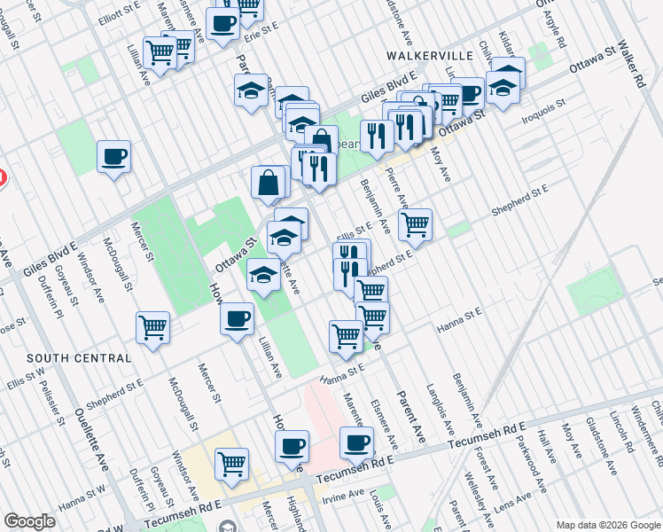 map of restaurants, bars, coffee shops, grocery stores, and more near 1445 Parent Avenue in Windsor