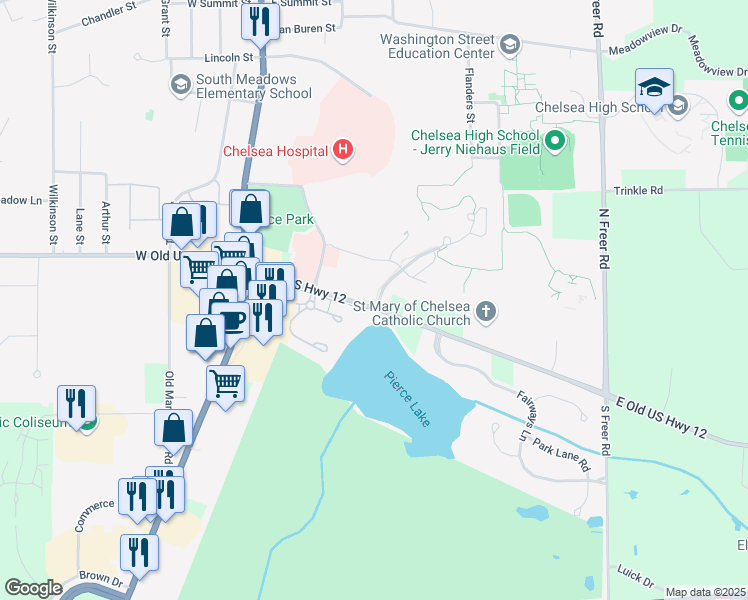 map of restaurants, bars, coffee shops, grocery stores, and more near 100 Silver Maples Drive in Chelsea